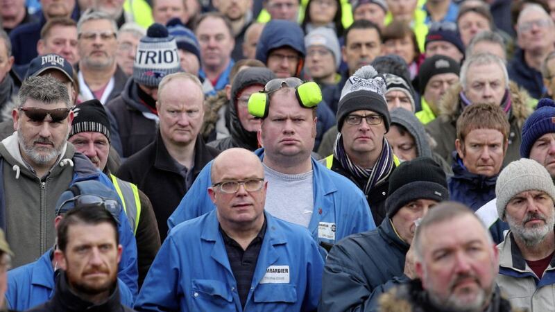Bombardier workers hold a rally at the east Belfast plant about possible job losses. Picture by Mal McCann 