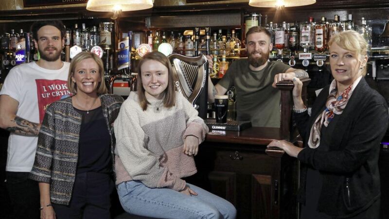 Diageo&#39;s Claire Hutchinson (second left) and Michele McCreary from the Springboard Charity (right) with (from left) programme participants Marc Eccles (Northern Whig), Tara Meyler and Jordan Creighton (both Morning Star) 