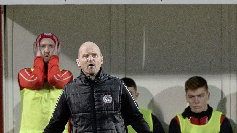 Barry Gray reacts during last Saturday&#39;s 1-0 Irish Cup loss to Dungannon Swifts that almost cost him his job 