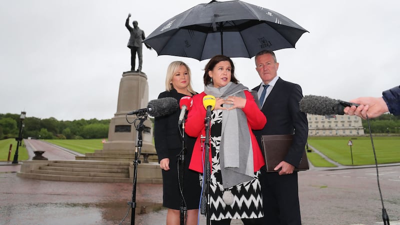 Sinn F&eacute;in's Michelle O'Neill, Mary Lou McDonald and Conor Murphy speaking to the media as attempts to restore power-sharing at Stormont continue&nbsp;