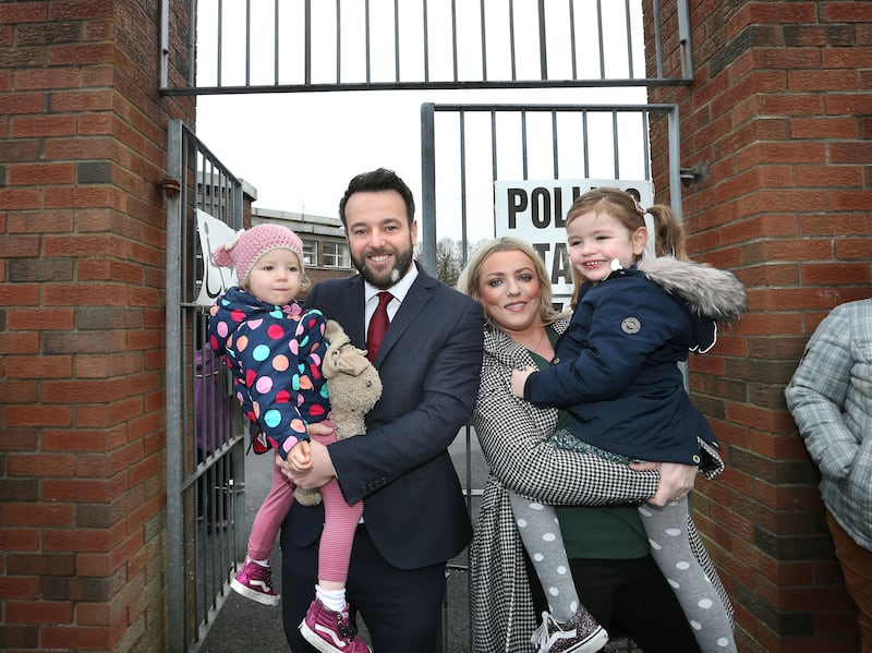 &nbsp;Foyle candidate SDLP leader Colum Eastwood with his wife and children