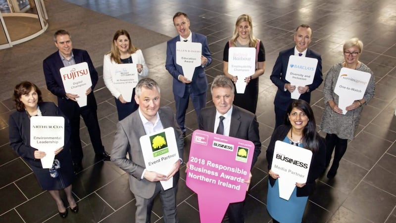 Launching the 2018 Responsible Business Awards in Northern Ireland are (front row from left): Ciaran McConnell, JP Corry; Kieran Harding, Business in the Community; Sonia Armstrong, Ulster Business; (back row from left) Rosemary Lundy, Arthur Cox; Chris James, Fujitsu; Michelle Hatfield, George Best Belfast City Airport; Ciaran McCallion; Allen &amp; Overy; Jenni Barkley, Belfast Harbour; Adrian Doran, Barclays; Judith Marrs, Survitec. 