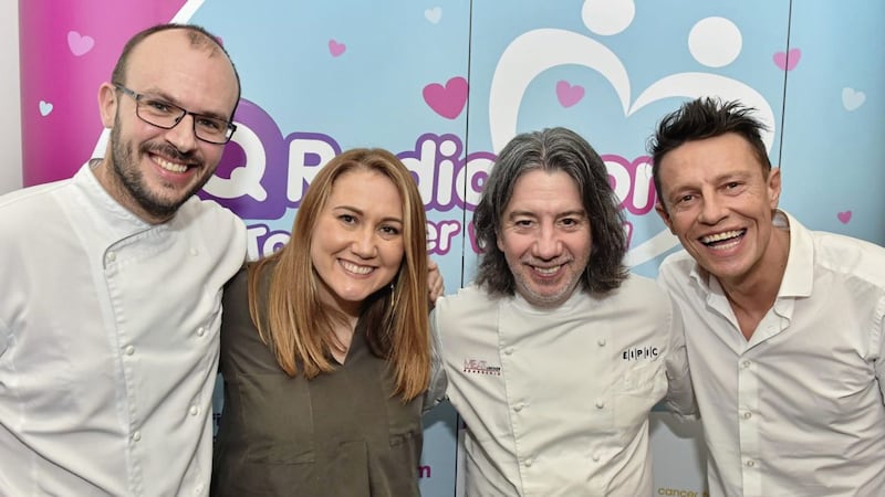 Q Radio breakfast presenters Stephen Clements and Cate Conway join forces with chefs Ian Orr (left) and Michael Deane (second from right) to launch the Q Radiothon 2018 in support of four local cancer charities 