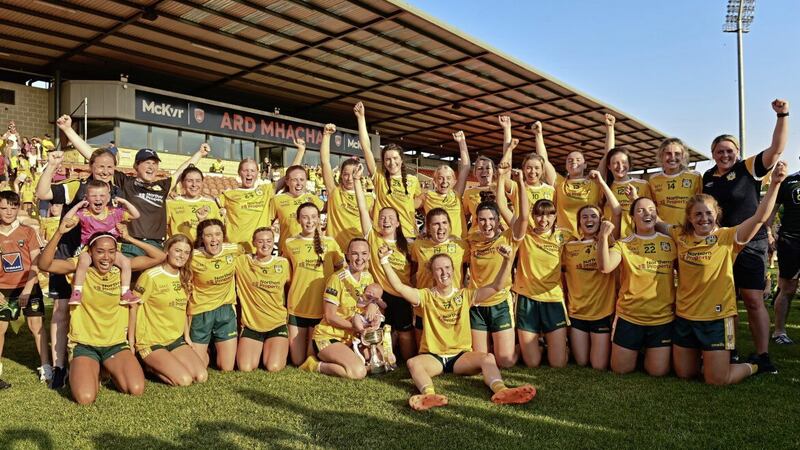 The Antrim players celebrates after their TG4 All-Ireland Ladies Junior Football Championship Final replay win over Fermanagh at the Athletic Grounds, Armagh. Photo by Oiver McVeigh/Sportsfile 