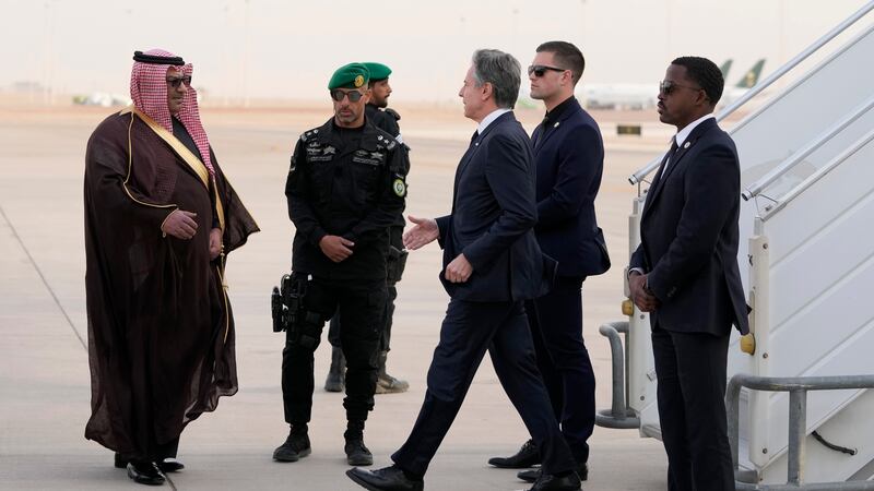 US secretary of state Antony Blinken is welcomed at King Khalid International Airport, in Riyadh (Mark Schiefelbein/AP)