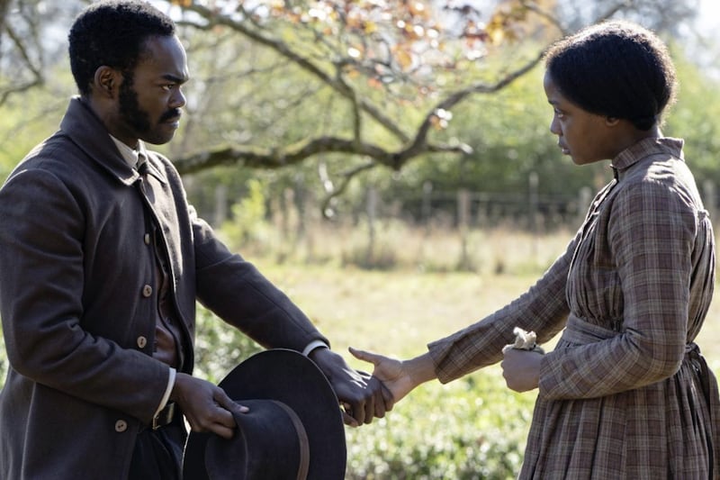 The Underground Railroad: William Jackson Harper as Royal and Thuso Mbedu as Cora 