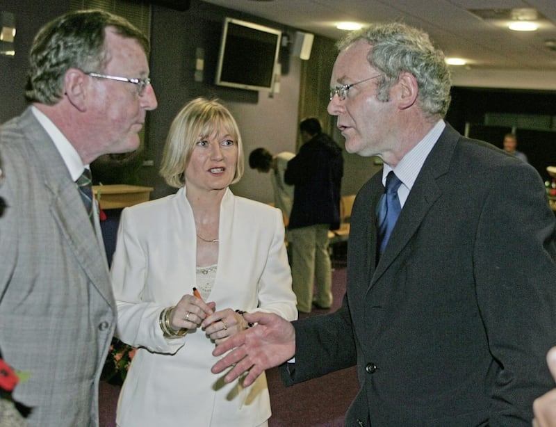 David Trimble and Martin McGuinness with former BBC journalist Martina Purdy in 2005. File picture by Brendan Murphy 