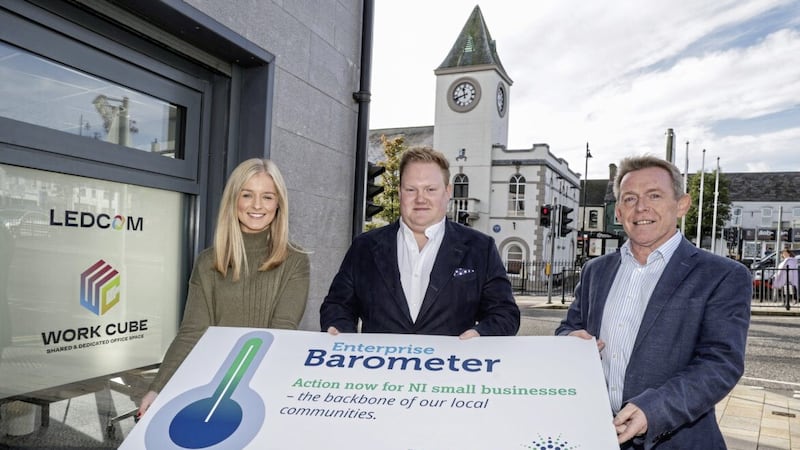 Pictured at Ledcom&rsquo;s Work Cube in Ballyclare ahead of the announcement of the 2023 NI Enterprise Barometer findings are (from left) Catherine Anderson, business and marketing executive at Ledcom; Scott Wylie, co-founder of Ledcom client Sevenvideo.io; and Michael McQuillan, chief executive of Enterprise NI 