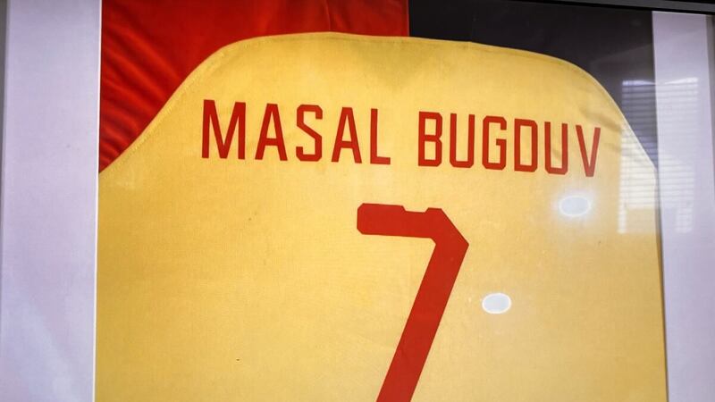 A replica Moldova jersey bearing the name of Masal Bugduv hangs on the wall of Coyne’s pub in Connemara