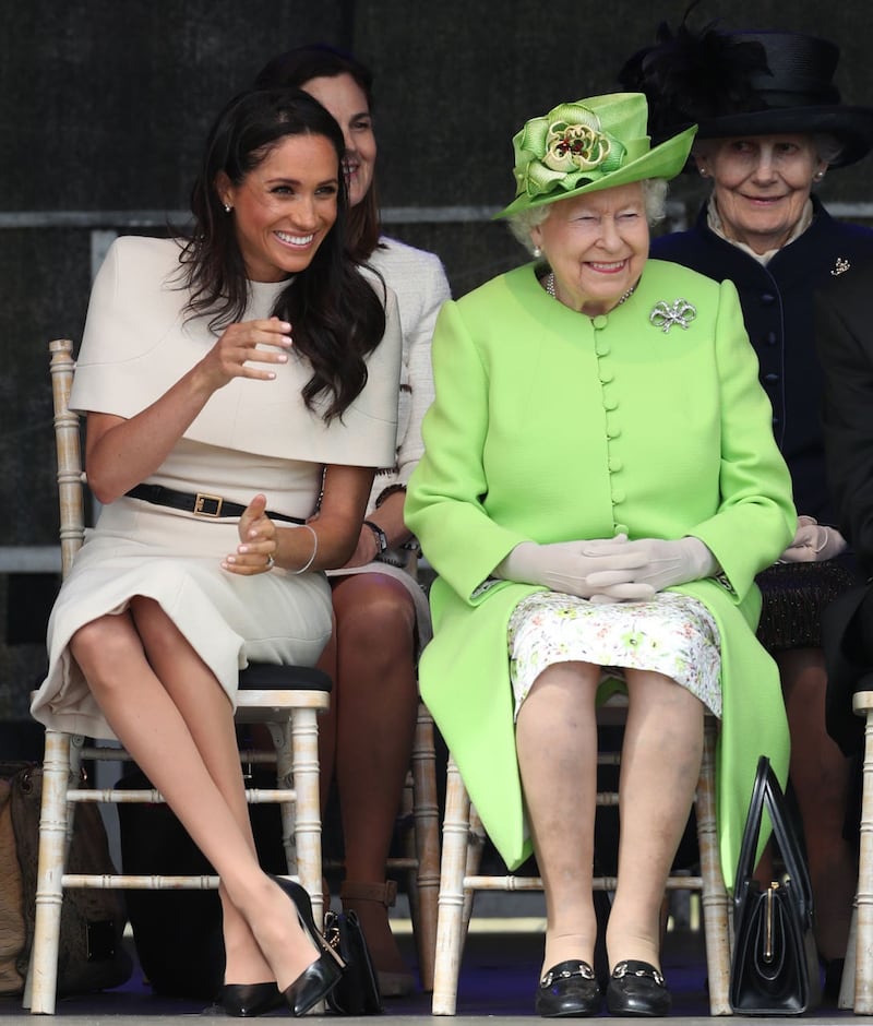 The Duchess of Sussex and Queen Elizabeth II at the opening of the new Mersey Gateway Bridge, in Widnes, Cheshire