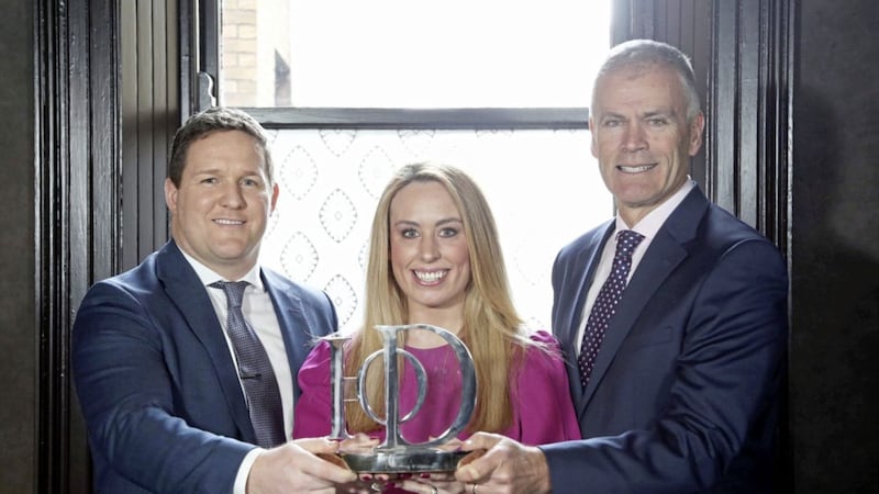 Former winner Gareth Loye, left, helps launch the 2018 Institute of Directors First Trust Bank Director of the Year Awards with Lisa Maltman, business development manager, IoD NI and Des Moore, head of sponsor First Trust Bank 