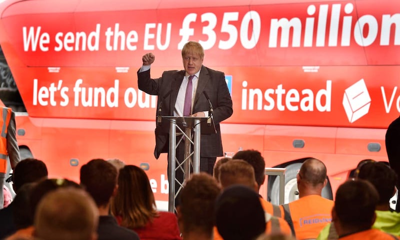 Boris Johnson campaigns in front of the battle bus during the EU referendum