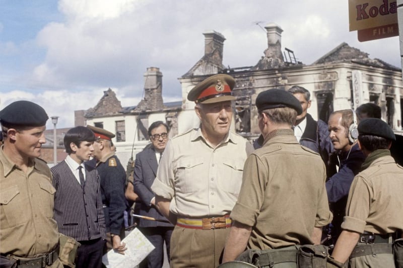 File photo dated August 1969 of General Sir Geoffrey Baker, Chief of the General Staff, talking to soldiers on duty in Crumlin Road, Belfast as British troops were deployed onto the streets of Northern Ireland as part of Operation Banner in response to growing sectarian unrest. PRESS ASSOCIATION Photo. Issue date: Tuesday August 13, 2019. Op Banner lasted almost 38 years between 14 August 1969 and 31 July 2007 - more than 300,000 members of the UK Armed Forces were deployed in this time. Some 1,441 serving personnel died on deployment or in related paramilitary acts. See PA story ULSTER Banner. Photo credit should read: PA Wire. 