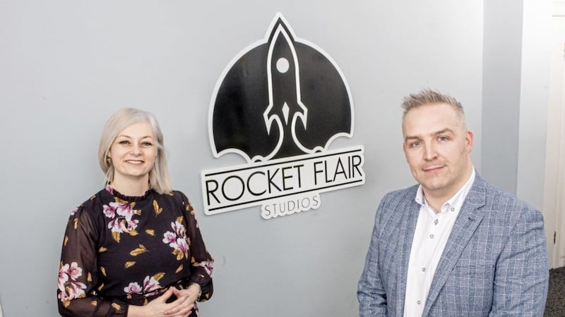 Rocket Flair Studios director James Bradley with Invest NI&rsquo;s eastern regional manager Susan O&#39;Kane. Picture: Andrew Towe 