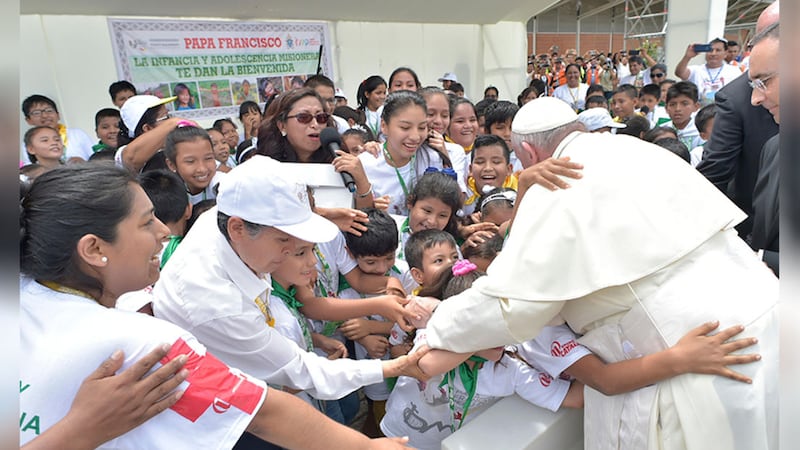&nbsp;Pope Francis is welcomed at the airport of Puerto Maldonado, the city considered a gateway to the Amazon in the Madre de Dios province, Peru, where he met several thousand indigenous people in the first full day of the pontiff's visit to Peru. Picture by&nbsp;L'Osservatore Romano Vatican Media/Pool Photo via AP