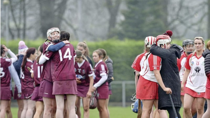 Slaughtneil joy and Loughgiel sorrow on the final whistle of the Ulster Camogie Senior Club Championship Final played at Lavey in Co-Derry on Saturday. Now six in a row Ulster Final wins for Slaughtneil. Picture Margaret McLaughlin  15-1-2022. 