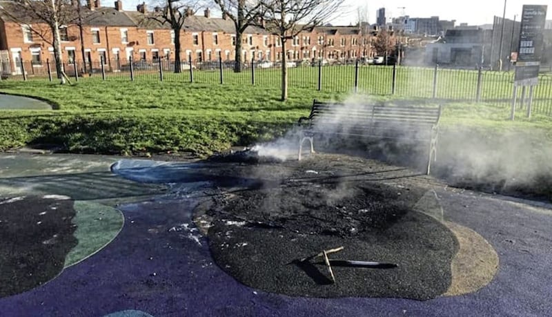 Thousands of pounds worth of damage has been caused to a popular play park in Dunville Park in west Belfast by vandals who set it on fire 