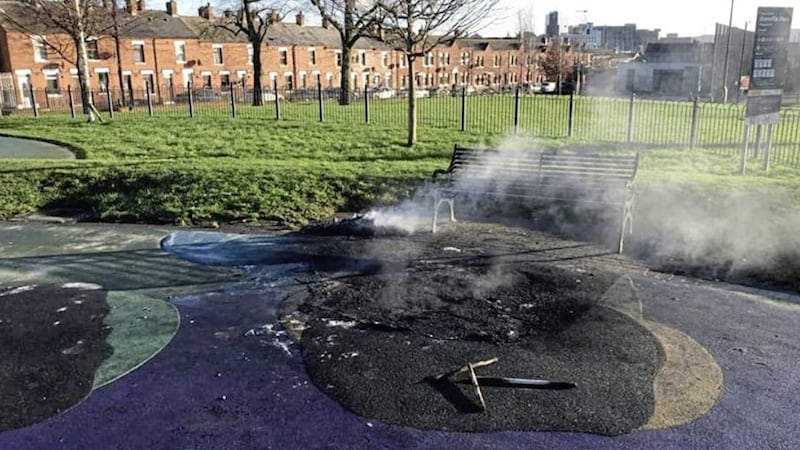 Thousands of pounds worth of damage has been caused to a popular play park in Dunville Park in west Belfast by vandals who set it on fire 