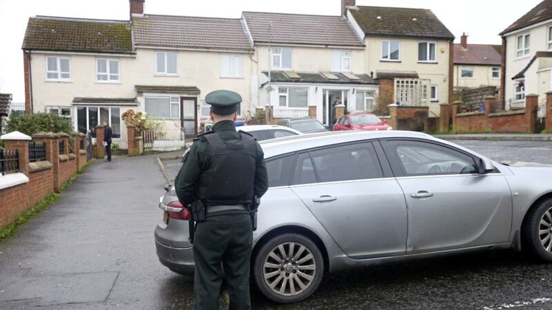 Police return to Monagh Drive in west Belfast to carry out door to door enquiries following an over night pipe bomb attack on a home in the area Picture Mal McCann. 