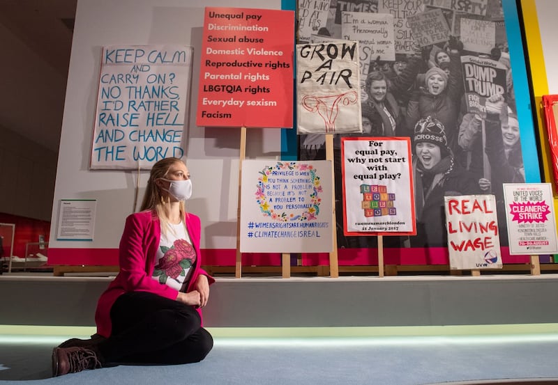 Placards from the 2017 Women’s March, and demonstrations in 2019 at a preview of Unfinished Business: The Fight for Women’s Rights