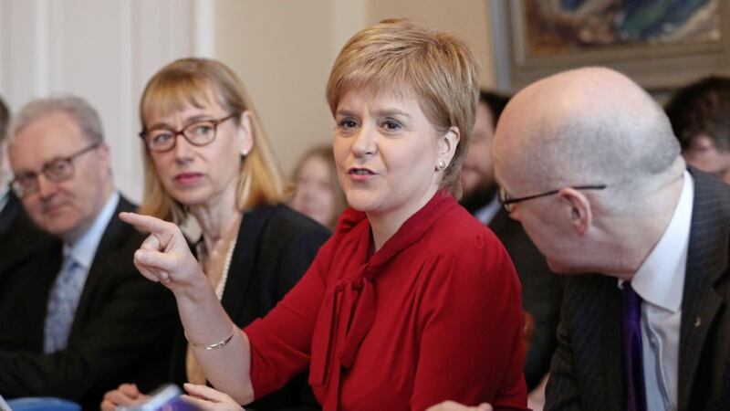 First Minister Nicola Sturgeon with Lord Advocate James Wolffe, left, permanent secretary Leslie Evans and deputy first minister John Swinney, right, during a Scottish government cabinet meeting in Bute House, Edinburgh yesterday PICTURE: Jane Barlow/PA 