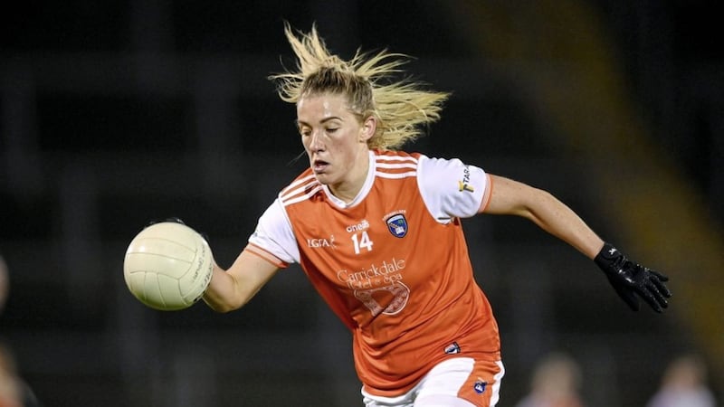 Armagh captain Kelly Mallon on the ball during the 2020 TG4 All-Ireland Senior Ladies Football Championship clash with neighbours Tyrone at Kingspan Breffni in Cavan.