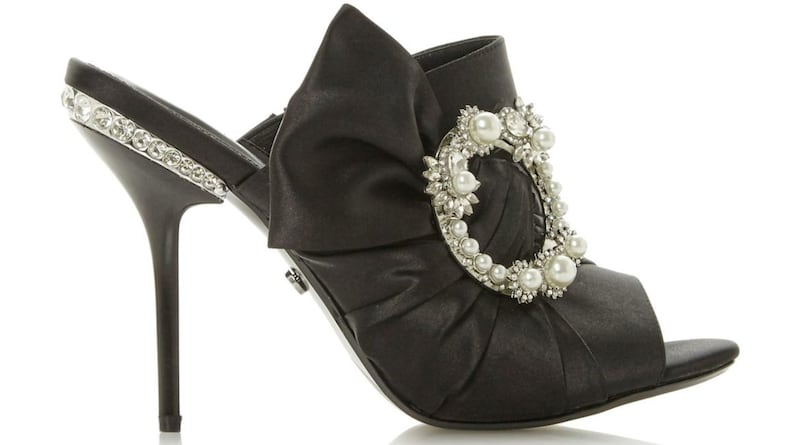 Dune Meila Black Satin Knot Pearl Brooch Mule Sandal, &pound;99, available from Dune. 