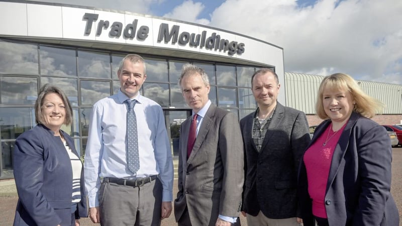 Pictured outside the Trade Mouldings factory in Cookstown are (from left) Frances Hill, Bank of England agent for Northern Ireland; Damien Connolly, sales director Trade Mouldings; Dr Ben Broadbent, Deputy Governor of the Bank of England; Conor MacOscar, managing director at Trade Mouldings; and Gillian Anderson (Bank of England deputy agent for Northern Ireland) 