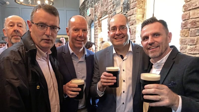 Eamonn Burns (second from left) with former team-mates Neil Collins, Gerard Colgan and Miceal Magill during last month&#39;s jubilee celebration of the 1994 All-Ireland winning team 