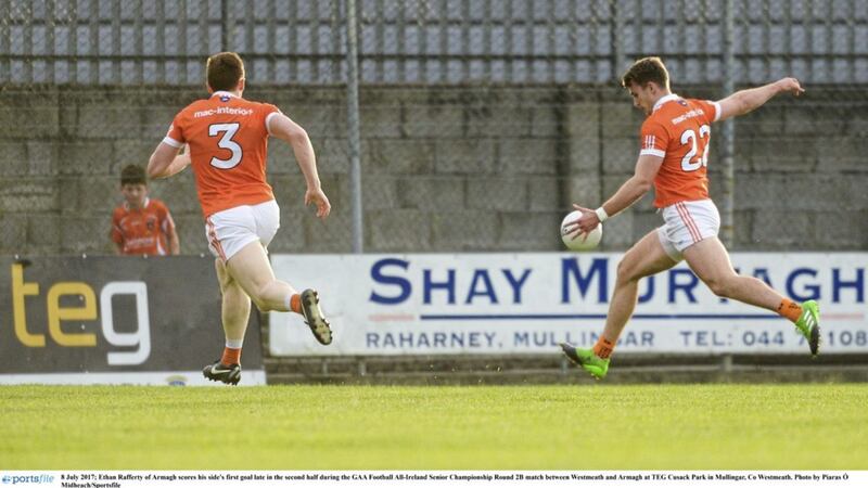 Ethan Rafferty of Armagh scores his side&#39;s first goal late in the second half during the All-Ireland Senior Football Championship Qualifying round 2B clash between Westmeath and Armagh at TEG Cusack Park in Mullingar, Co Westmeath on Saturday  Picture by Sportsfile 