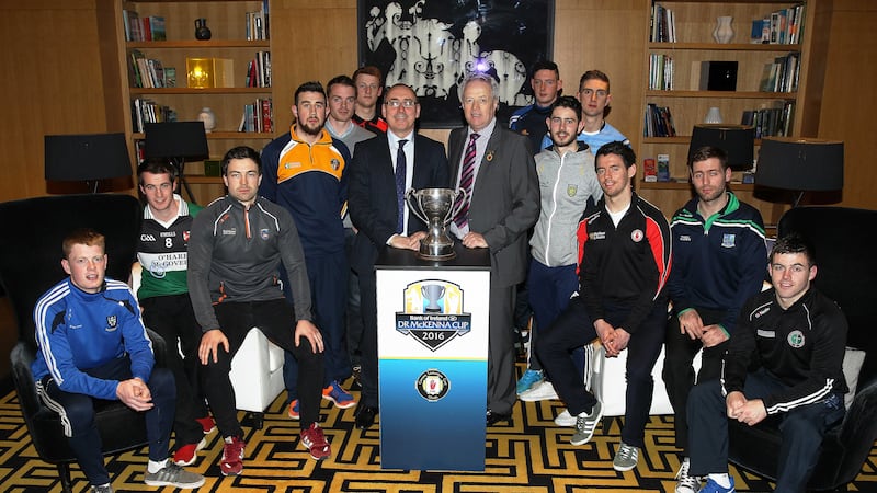 Ulster president Martin McAviney and the Bank of Ireland's Terry McCrudden along with representatives from each of the competing teams at the Fitzwilliam Hotel in Belfast on Tuesday for the launch of the 2016 Dr McKenna Cup<br/>Picture by Philip Walsh&nbsp;