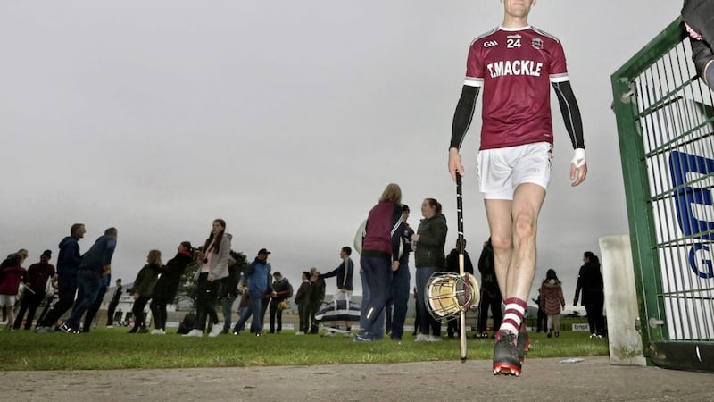 Brendan Rogers leaves the field after bagging 1-1 in Slaughtneil&#39;s Derry final victory over Kevin Lynch&#39;s, and he presents the greatest danger to Portaferry at Corrigan Park tomorrow. Picture by Margaret McLaughlin 