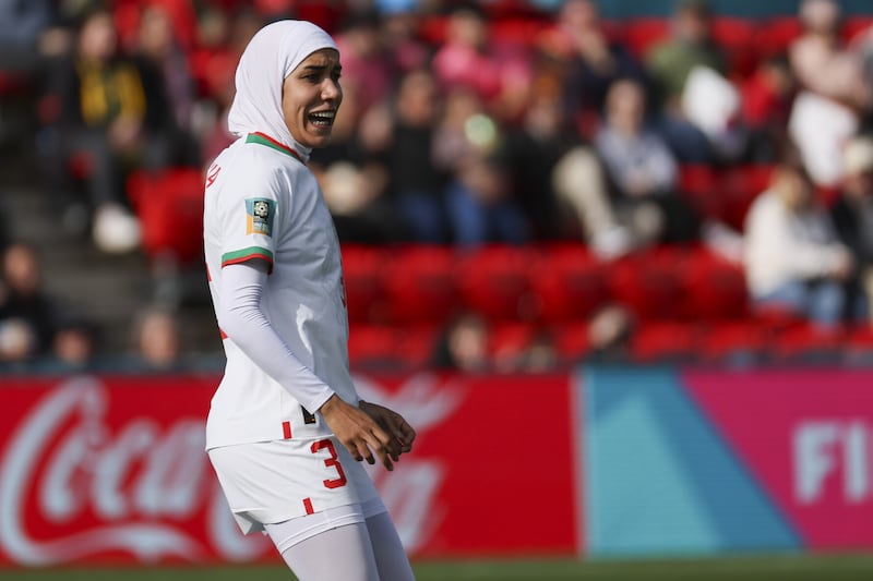 Morocco’s Nouhaila Benzina became the first player to wear a head covering for religious reasons at a Women’s World Cup (James Elsby/AP)
