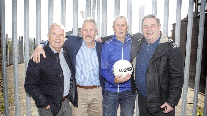 Andy McCallin, Mickey Culbert, Gerry McCann and Jimmy Mullan outside the gates of Casement Park in west Belfast. The quartet were part of the 19169 Antrim U21 team that won the All-Ireland. Tonight they will remember the summer of 50 years ago Picture: Matt Bohill. 