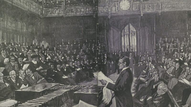 Ian MacPherson, Chief Secretary of Ireland, introducing the Bill to the House of Commons in February 1920 in a sketch published in The Illustrated London News under the headline: Designed &#39;To Settle Once And For All This Age-Long Difference&#39; 