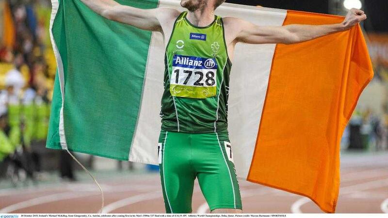 Ireland's Michael McKillop, from Glengormley, Co. Antrim, celebrates after winning the Men's 1500m T37 final with a time of 4:16.19 at the IPC Athletics World Championships. Doha, Qatar
