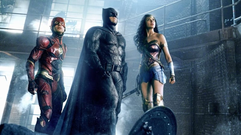 Ezra Miller as Flash, Ben Affleck as Batman and Gal Gadot as Wonder Woman in Justice League 
