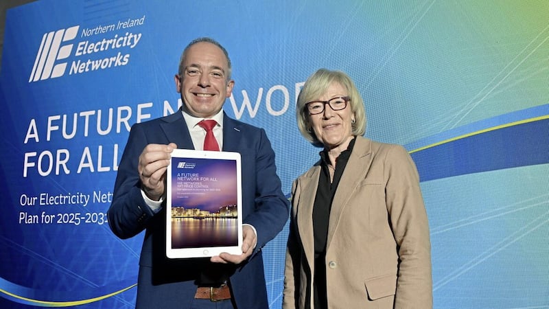 CUSTOMERS HAVE THEIR SAY: NIE Networks, owner of the electricity transmission and distribution networks in the north, held an event to launch a six-week consultation period on its proposed business plan for its next price control period from 2025 to 2031. Pictured are NIE Networks managing Derek Hynes with event host Wendy Austin 