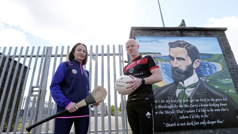 Jane Adams and Paddy Cunningham launch the Antrim Gaels letter outside Casement Park last month Picture by Hugh Russell 