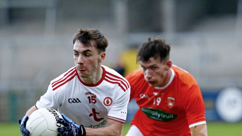 Barry McCambridge and Tyrone&#39;s Darragh Canavan in action during this year&#39;s Division One clash at Healy Park. Pic Philip Walsh 