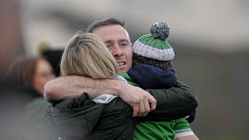 Cargin&rsquo;s Kieran Close celebrates with his family after last Sunday&#39;s epic penalty shoot-out win over Naomh Conaill Picture Mark Marlow 