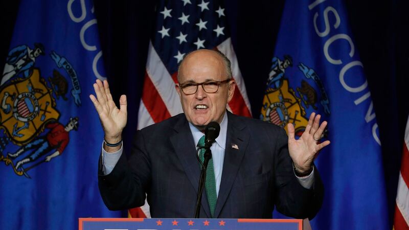 Former New York City Mayor Rudy Giuliani campaigns for Republican presidential candidate Donald Trump at the University of Wisconsin Eau Claire in Eau Claire, Wisconsin in November 2016. Picture by Matt Rourke, Associated Press&nbsp;