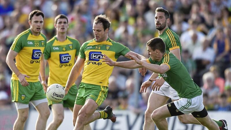 Michael Murphy of Donegal in action against Shane McEntee of Meath at P&aacute;irc Tailteann in Navan Picture by David Maher/Sportsfile 