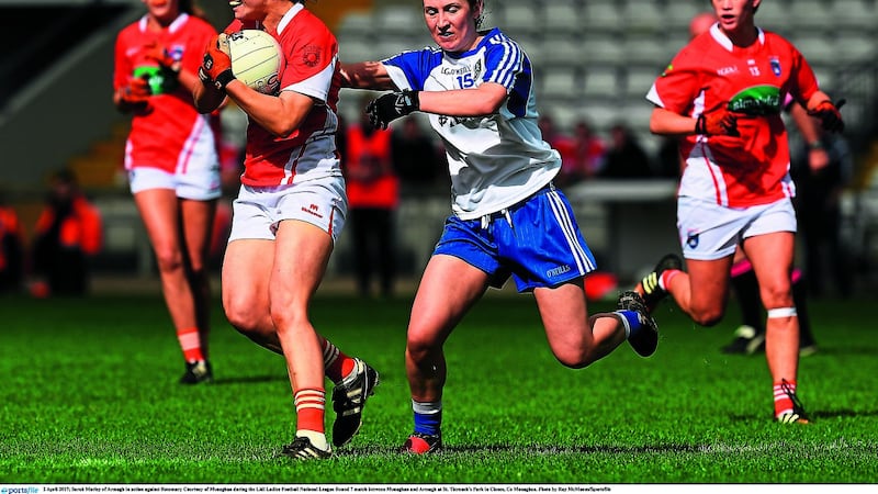 Armagh&rsquo;s Sarah Marley tries to get away from Monaghan&rsquo;s Rosemary Courtney during the counties&rsquo; NFL Division One meeting in Clones last year. Monaghan won that match, and a subsequent relegation play-off against the Orchard county, to preserve their top flight status for 2018<span class="Apple-tab-span">	</span><span class="Apple-tab-span">	</span><span class="Apple-tab-span">	</span><span class="Apple-tab-span">	</span><span class="Apple-tab-span">	</span><span class="Apple-tab-span">	</span> &nbsp;Picture by Sportsfile
