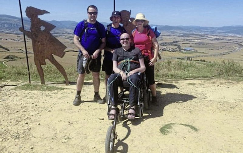 The late Anto Finnegan pictured with his wife, Alison and their two friends, Cormac Carmichael and Brendan Elliot in 2017 when they undertaking the Camino Frances to raise awareness of Motor Neurone Disease 