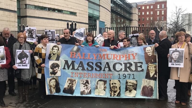 Relatives of those killed in the Ballymurphy Massacre pictured outside court this morning&nbsp;