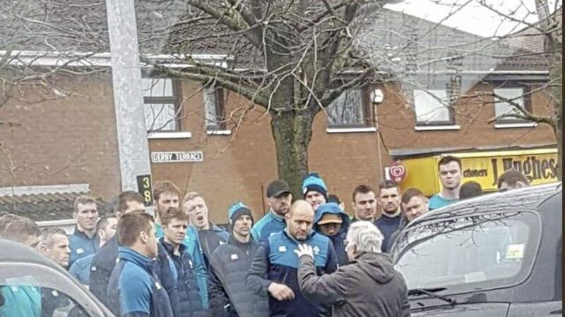 The Ireland rugby team at the International Wall in west Belfast yesterday 