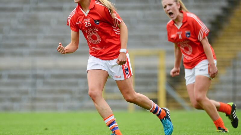 Armagh's Aoife Lennon celebrates scoring her side's first goal with team-mate Kelly Mallon during Saturday's TG4 All-Ireland Senior Championship victory over Donegal at &nbsp;Clones<br />Picture: Sportsfile