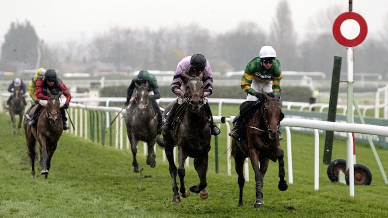 Fakir D&#39;Oudairies, ridden by Mark Walsh (right), is runner-up to Pentland Hills, ridden by Nico de Boinville (centre) in the Doom Bar Anniversary 4-Y-O Juvenile Hurdle during Grand National Thursday of the 2019 Randox Health Grand National Festival at Aintree Racecourse. 