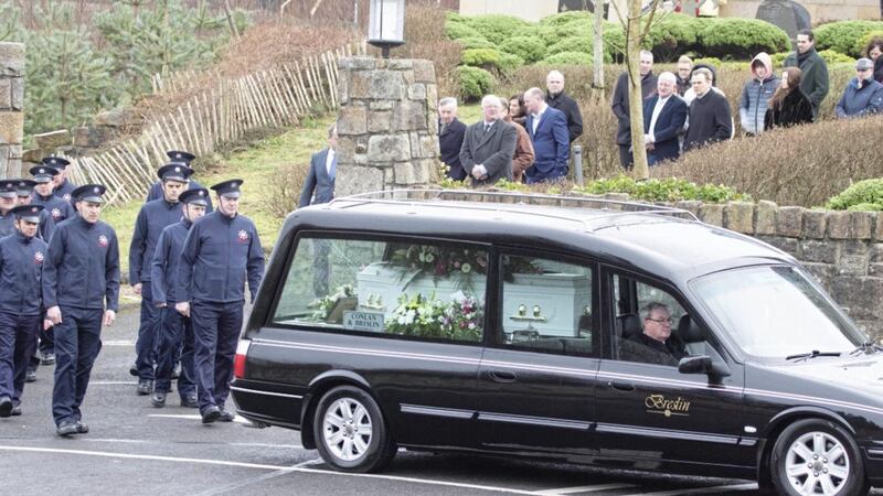 The remains of Grace Gilliand are escorted out of The Church of Our Lady Star Of The Sea in Bundoran by fire service personnel. Photo: North West Newspix 
